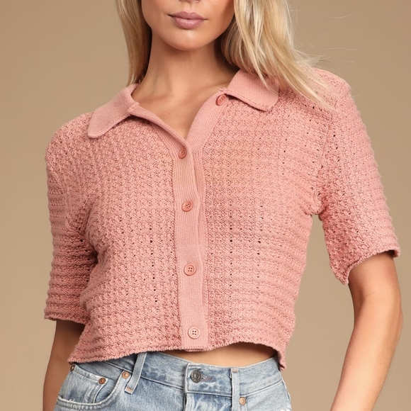 Lulus Sweaters - NWOT Essential Beauty Blush Button-Up Short Sleeve Cardigan Sweater